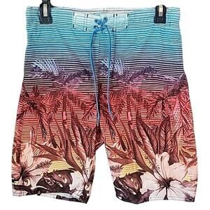 Distortion Boys Swim Trunks L Blue Orange Palm Floral Board Shorts Lined EUC